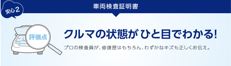 安心2 車両点検証明書 車の状態がひと目でわかる!プロの検査員が、修理歴はもちろん、わずかなキズも正しくお伝え。